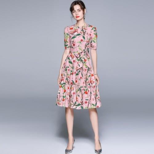 Summer Pink Puff Sleeve Sashes Holiday Beach Dress Women Flower Printed Elegant Layer Ruffles Pleated Midi Vestidos k8017