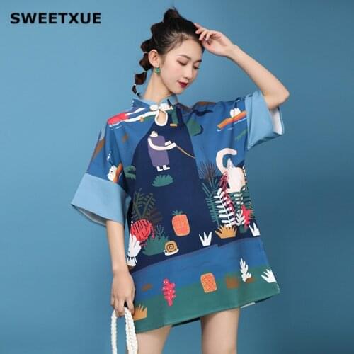 SWEETXUE Modern Casual Half Sleeve Chinese Style Cartoon Printing Loose Trend Harajuku Dress Womens Cheongsam Students 2020 New