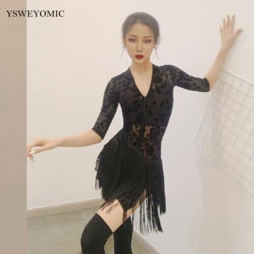 2020 Women Latin dance sexy Mesh see through Tassel split practice Latin Dancewear performance Latin dress For Ladies L269