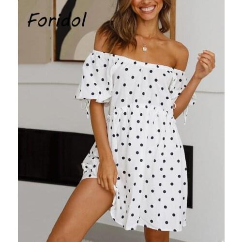 Retro Polka Dot Vintage Dress Women Summer Beach Dress Off The Shoulder White Dress 2021 Short Sleeve Casual Loose Vestidos