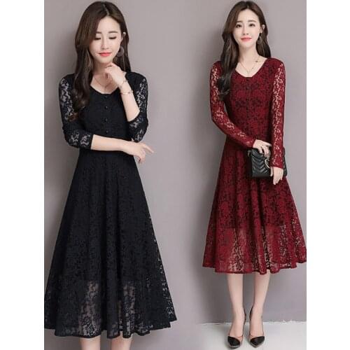 2019 Autumn Winter New Plus Size Vintage Lace Midi Dresses Sexy Hollow out Women Bodycon Beach Dress Party Long Sleeve Vestidos
