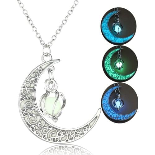2020 Moon Glowing Necklace Gem Charm Jewelry Silver Plated Women Halloween Pendant Hollow Luminous Stone Pendant Necklace Gifts