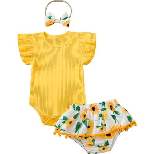 2021 Summer 0-24M Baby Girl 3Pcs Set Yellow Flared Short Sleeve Bodysuit+Floral Print Tassels Skirt-Style Shorts+Bow