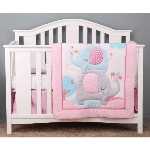 3 pcs Baby Crib Bedding Set for Girls flower elephant hot sale including quilt, crib sheet, crib skirt