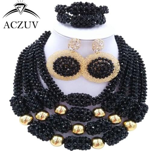 ACZUV Latest Black African Beads Bridal Wedding Jewelry Sets Nigerian Necklace and Earrings D4R017