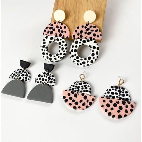 AENSOA Geometric Round Semicircle Polymer Clay Dangle Drop Earrings for Women Black White Dots Long Earring Party Jewelry Gifts