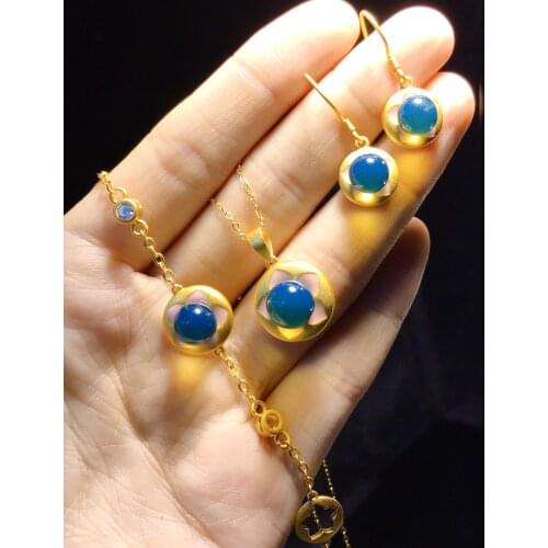 Bijoux femme jewelry sets New Mexico gold blue amber three-piece necklace bracelet earrings Really natural s925 sterling silver
