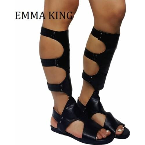 Summer Women Cut Outs Knee High Sandal Boots Sexy Peep Toe Gladiator Sandals Women Party Dress Boots Zapatos De Mujer 2021