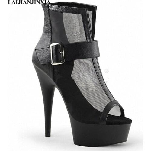 LAIJIANJINXIA Open Toe Lace Up Low Tube Ankle Boots 15 CM Super High Heeled Shoes Sexy Fetish Thick Platform Stripper Queen