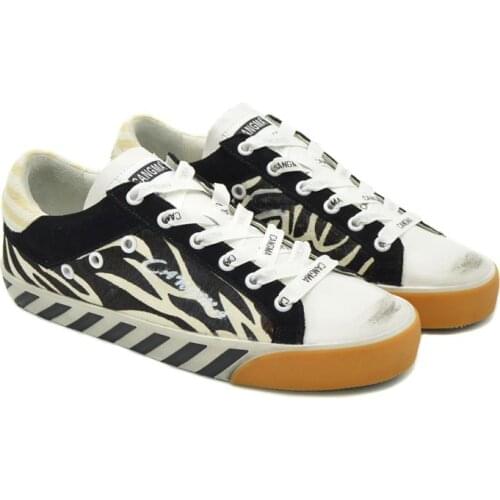 CANGMA Luxury Brand Designer Women Sneakers VintageBlack White Stripes Horsehair Ladies Shoes Female Vulcanized Sneaker