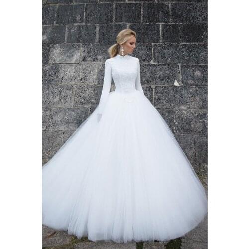 Hot A Line Modest Wedding Dresses Lace High Neck Long Sleeves Tulle robes de mariée Vintage Wedding Dresses Bridal Gown