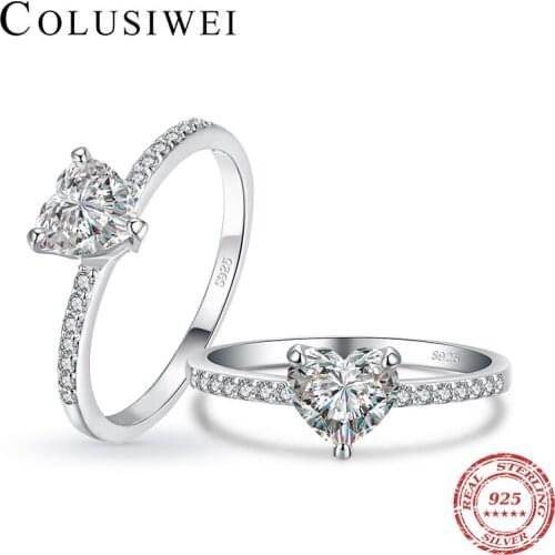 Colusiwei Geometric Cutting Romantic Hearts Zirconia 925 Sterling Silver Ring for Women Wedding Bands Valentines Jewelry Bijoux