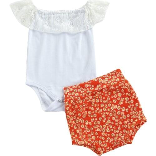 2021-03-27 Lioraitiin 2Pcs Set 0-24M Infant Baby Girl Summer Outfits Solid Off-Shoulder Romper Daisy Print Shorts Headband