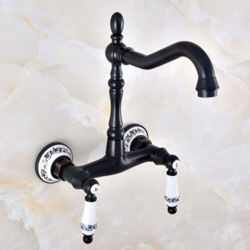 Kitchen Wet Bar Bathroom Vessel Sink Faucet Black Oil Rubbed Brass Wall Mounted Swivel Spout Mixer Tap Dual Ceramic Lever mnf831