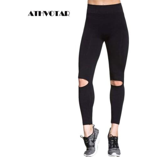ATHVOTAR Black Hollow Leggings Women Knee Hole Legins Pants Trousers Elasticity Sexy Pants Women Character Leggings