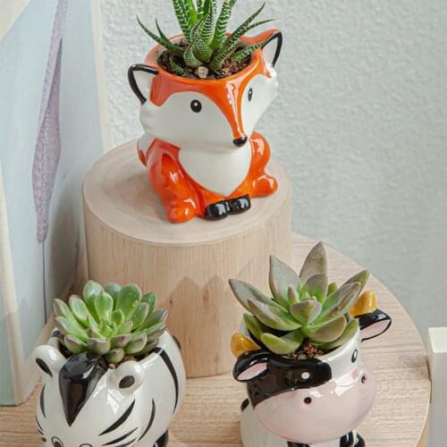Cute Animal Flower Pot Ceramic Plant Vases Cartoon Zebra Sheep Cow Head Mini Pot Succulents Plants Bonsai Pots Home Decoration