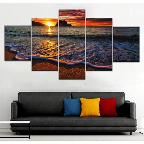 Ocean Flow Sunset Sky Landscape Gigantic Print POSTER Canvas 5 Panel HD Print For home living room decoration