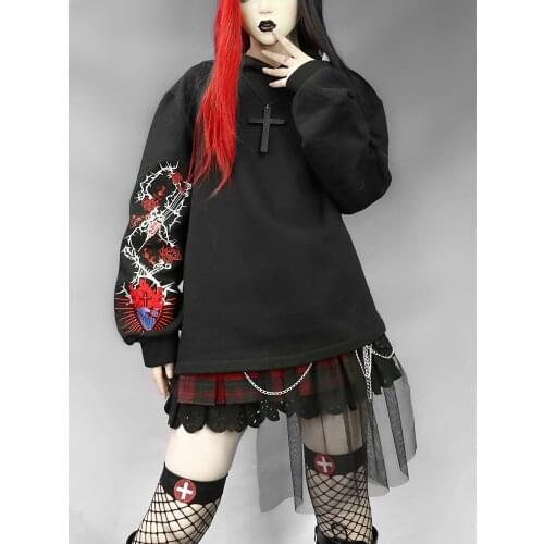 Blood Supply Original Design Dark Black Gothic Sweatshirt Hoodies Embroidery Fleece inner Loose Oversize Punk Pullover