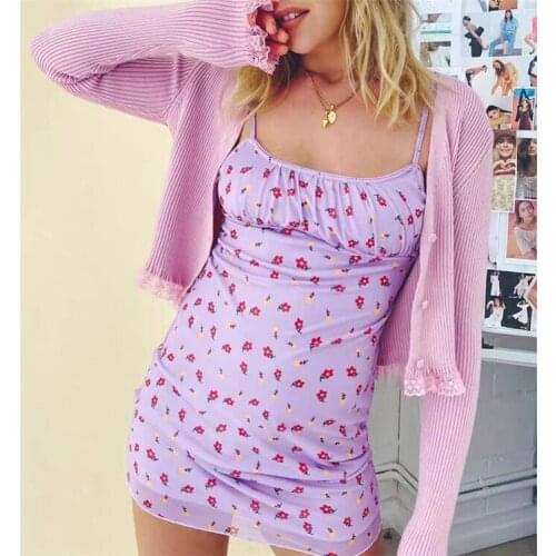Awe-inspiring Cute Purple Floral Print women Mini dress Elegant Spaghetti straps vestido Vintage Bow women dress