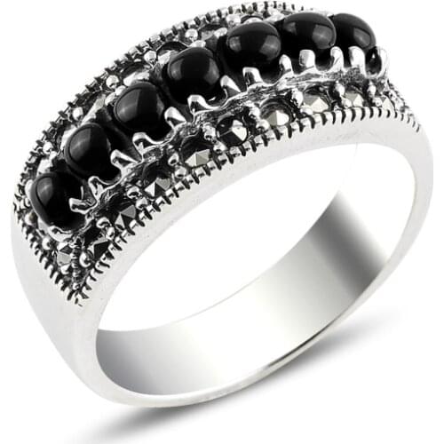Silver 925 Sterling Onyx & Marcasite Ring