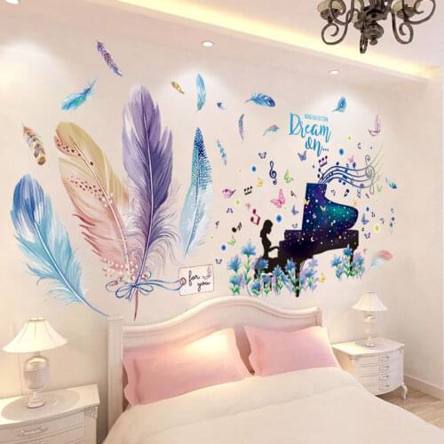 [shijuekongjian] Cartoon Girl Wall Stickers DIY Colorful Feathers Mural Decals for Kids Bedroom Baby Room Nursery Decoration