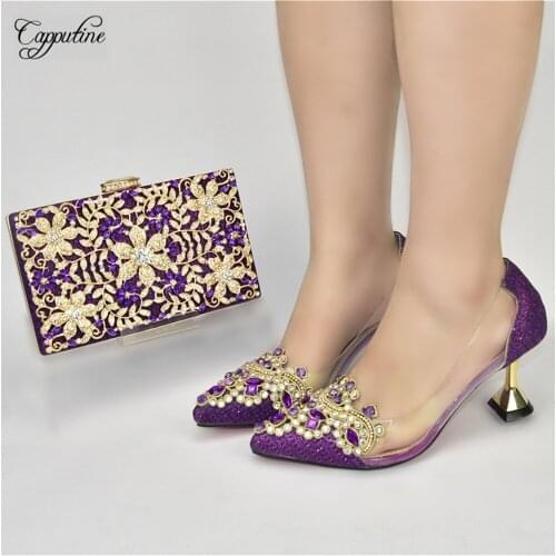 Purple Women High Heels Shoes And Clutch Bag Set Ladies Pumps With Purse Handbag Femmes Chaussures Buty Damskie Sac 938-12 7CM