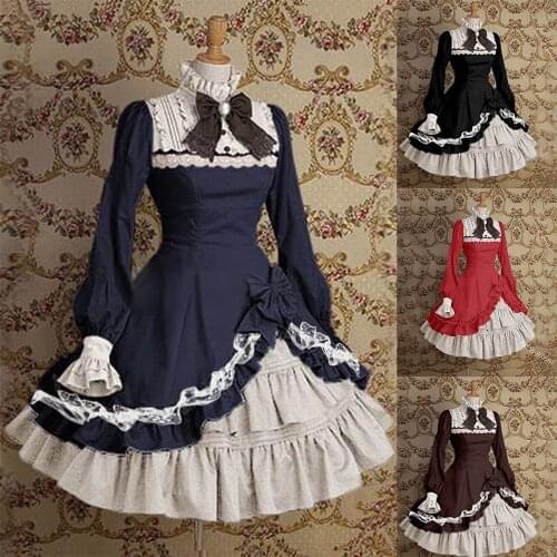 2020 Vintage Gothic Lolita Dress OP Ruffle Bow tie Button Lace Up Knee Length Dress Long Sleeve Sweet Dress