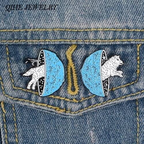 QIHE JEWELRY Wolf Ball Pins Crossing Space Brooches Left and Right Two Sides Badges Animal Lapel Pins Gift for Friends