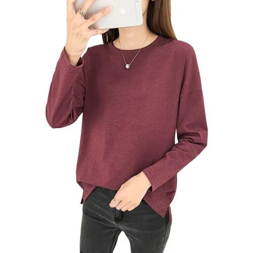 S~2XL Women Top Fashion 2019 New Spring Autumn T-Shirts Solid Long Sleeve Round Neck Loose Cotton Bottoming T-shirt Women ZW162