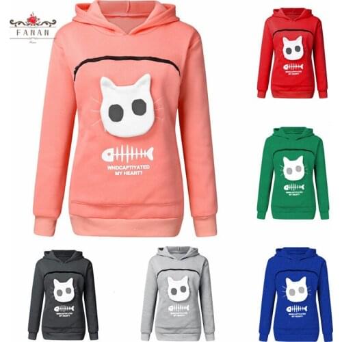 Cat Pocket Women Hoodie Zipper Kangaroo Pouch Sweatshirt Spring Hooded Pullover Tops Loose Casual Cute Trend Couple Clothing