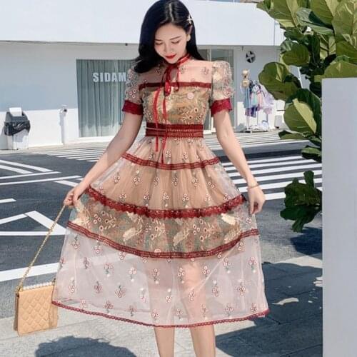 Summer Flower Embroidery Mesh Dress 2021 Women Short Sleeve O-Neck Bow Vintage Female High Waist Slim Party Dress Robe Vestidos