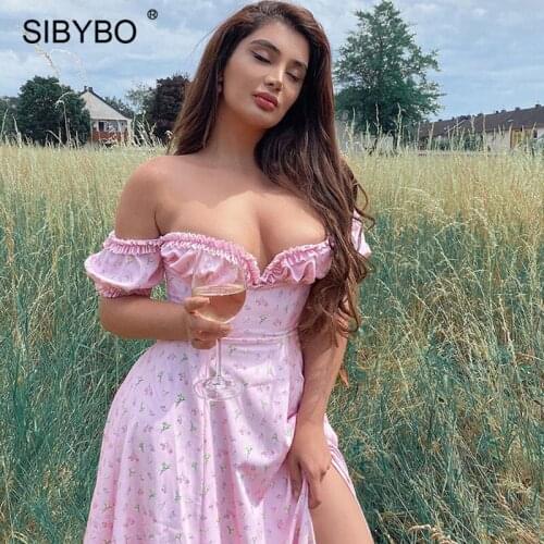 SIBYBO Pink Floral Print Summer Party Dresses Elegant Ruffles Split Long Dress Women Sexy Off Shoulder Boho Dress Vestidos 2020