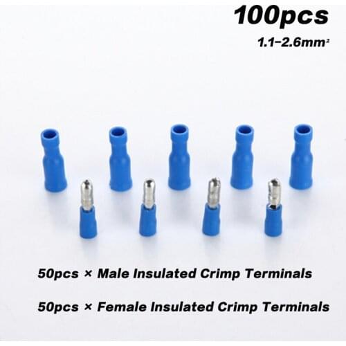 100pcs Blue Male Female Bullet Insulated Connector Crimp Terminals Wiring Cable Plug FRD2-156 FRD2.5-156 MPD2-156 MPD2.5-156 Hot