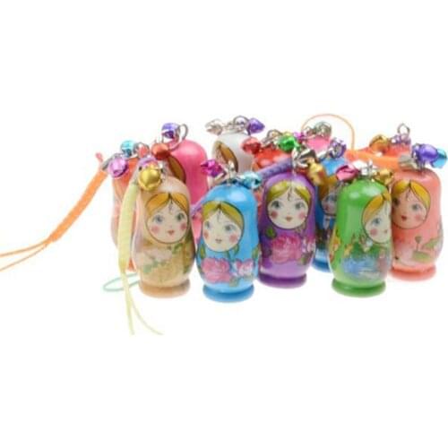 12PCS Wooden Key Chains Matryoshka Russian Dolls Key Rings Mobile Phone Chain Hanging Pendant