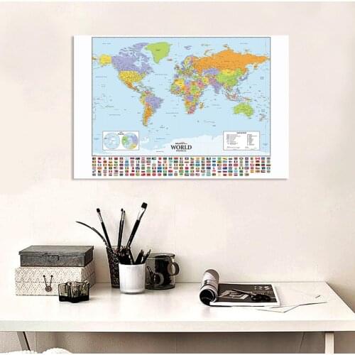 5*3Feet Map of The World with National Flags Non-woven Canvas Painting Large Wall Art Poster Home Decor School Supplies
