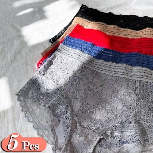 5Pcs/Lot Sexy Flower Embroidered Transparent Lace Womens Underwear High Waist Hollow Out Panties Ruffle Seamless Briefs Set