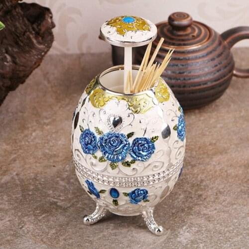 Automatic Toothpick Holder Vintage Flower Peacock Russian Castle Carved Toothpick Dispenser Organizer Metal Craft Decoration