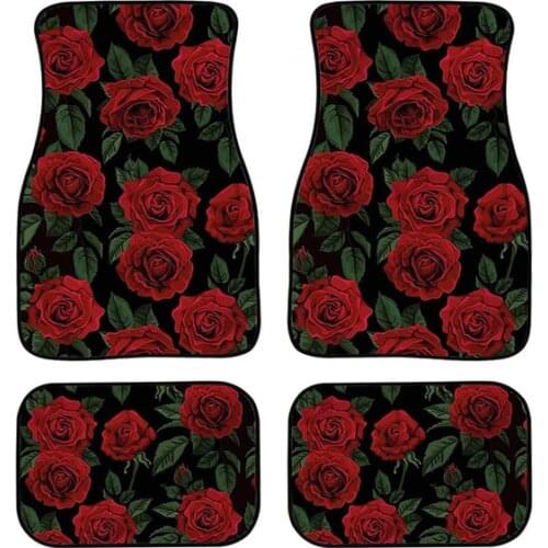 Aimaao Red Rose Flower Pattern Car Floor Mats Stylish Decor Carpet Floor Mats Front & Rear Full Set Universal Fit Cars SUV