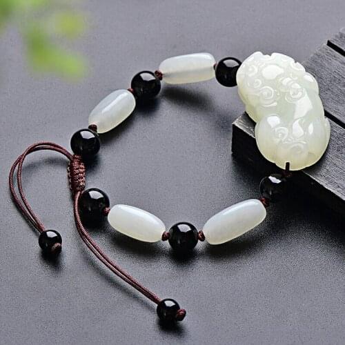 Natural hetian jade hand carved brave troops bracelets black agate for couples beads bracelet with jade bracelet