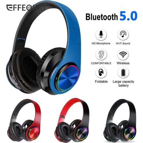 EFFEOKKI Bluetooth Compatible Headphone Headset 5.0 Colorful LED Bass Stereo Comfortable Wireless Headphones Over-Ear