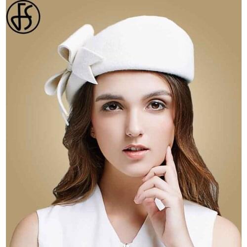 FS Lady Black White Wool French Beret Hat For Women Autumn Winter Vintage Fascinator Bowknot Felt Flat Brim Fedora Hats