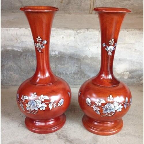 Chinese carved mahogany table decoration a pair of high-end vase -- Long neck inlay printing
