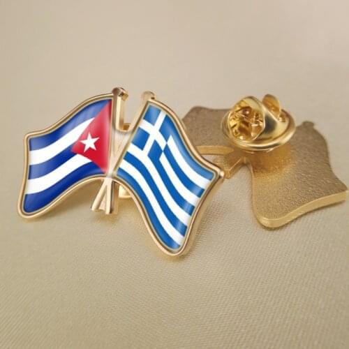 Cuba and Greece Crossed Double Friendship Flags Lapel Pins Brooch Badges