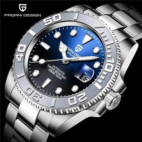 PAGRNE DESIGN Men Mechanical Wristwatch Sapphire Luxury Stainless Steel Automatic Watches Top Brand 100m Waterproof Men Watch