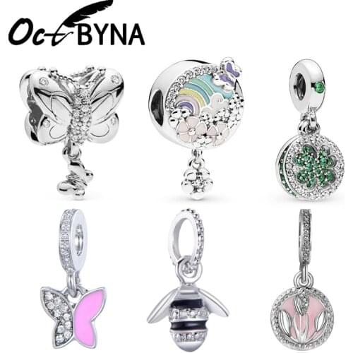Octbyna New Silver Color Bee&Butterfly Charm Bead Lucky Pendant Fits Pandora Bracelets Necklaces For Women DIY Jewelry Making