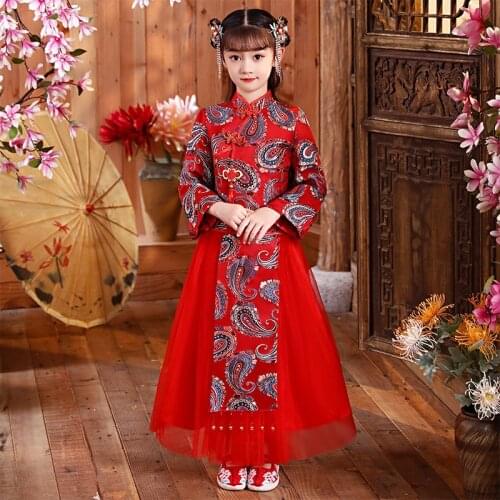 Autumn And Winter Girls Hanfu Long Sleeves Dress Red New Year Clothing Stage Show Wear Birthday Wedding Party Costume Gift