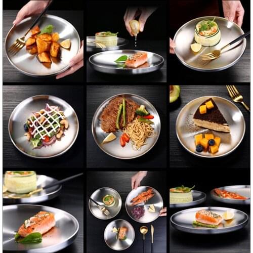 304 Stainless Steel Disc Flat Plate Creative Plate Double Meal Plate Dish Plate Household Tableware Bowl Plate Round Flat Plate