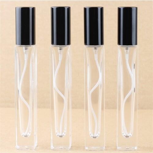 200pcs/lot 10ml Transparent Square Glass Spray Perfume Bottle Refillable Empty Bottle Thick Bottom Silver Black Automizer
