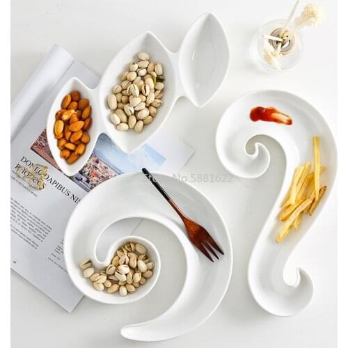 Pure White Ceramic Tableware Dessert Plate Home Kitchen Tableware Dinner Plate Divided Dried Fruit Fruit Plate