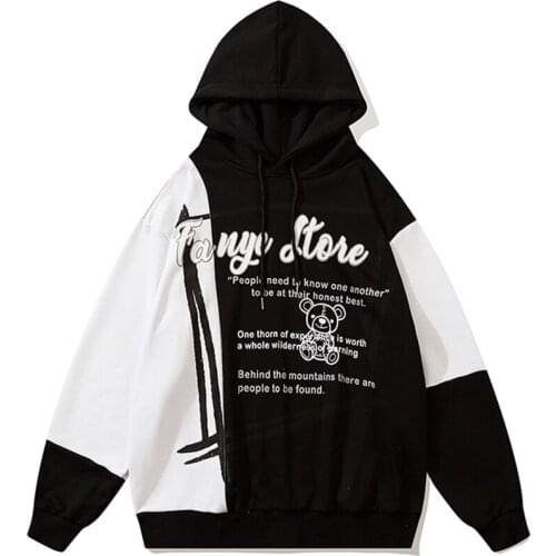 Hoodie Men Color Block Patchwork Letter Bear Print Hooded Pullover Couple Loose Cozy Retro Harajuku Hip Hop Streetwear